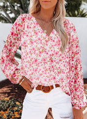 Long-Sleeved V-Neck Floral Chiffon Shirt