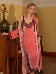 Long Red Two-Piece Slip Dress & Robe Set With Belt