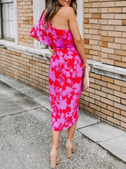 Floral Print Oblique Shoulder Irregular Dress