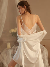 Flower Embroidery Sexy Sleepwear Two-Piece Slip Dress & Robe Set With Belt