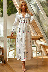 THREE-QUARTER SLEEVE ANKLE-LENGTH PRINT HIGH WAIST PULLOVER DRESS