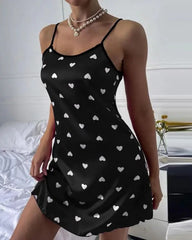 Heart Print Spaghetti Strap Satin Nightdress