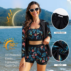 Black-blue Leaves 3 Piece Rash Guard Long Sleeve Swimsuits with Boyshorts Zip Up UPF 50+ Swim Shirt Built in Bra