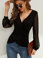 Solid Color Stitching Lace Lantern Sleeve Loose Cross T-Shirt