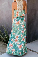 Rainforest Print Off-Shoulder Ruffle Split Dress