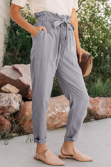 Gray Paper Bag Elastic Waist Casual Pants