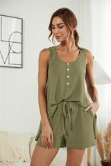 Solid Color Sleeveless Buttoned Lace-Up Comfortable Two Piece Set