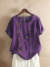 Women's Vintage Cotton Linen Embroidered Loose Short Sleeve Casual Shirts