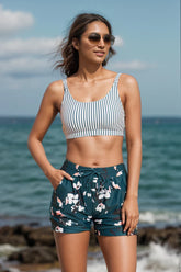 Stripes Square Neck Wide Straps Sporty Bikini Top with Boy Short Set