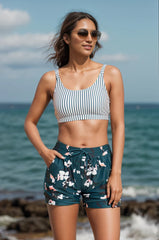 Stripes Square Neck Wide Straps Sporty Bikini Top with Boy Short Set