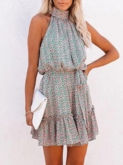 Floral Print Halter with Wooden Ears Mini Dress
