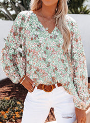 Long-Sleeved V-Neck Floral Chiffon Shirt