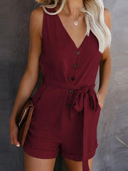 Sleeveless V-neck Solid Color Romper