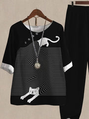 Fun Cat Print Casual Two Piece Set