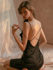 Sexy Cross Spaghetti Straps Short Sleeveless Black One-Piece Nightgown