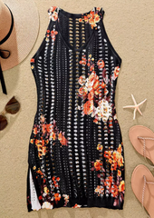 Floral Hollow Out Slit Crochet Cover Up Dress - Black