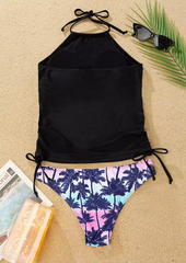 Sunset Gradient Coconut Tree Halter Tankini Set