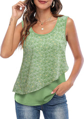 Summer Vest U-Neck Printed Pleated Sleeveless Top