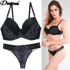 Sexy Lace Print Color-Blocked Lingerie Bra Set