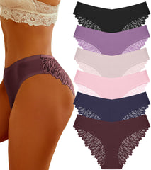 6 Pack Sexy Silky Seamless No Show Lace Bikini Lightweight Cheeky Hipster Panties
