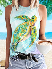 Turtle Print Trendy Round Neck Vest Top