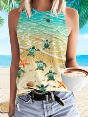 Turtle Print Trendy Round Neck Vest Top