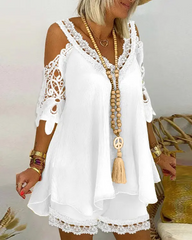 Contrast Lace Cold Shoulder Flowy Top & Shorts Set