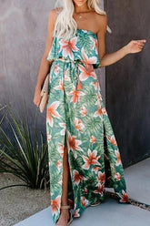 Rainforest Print Off-Shoulder Ruffle Split Dress