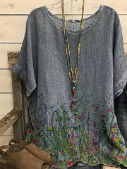 CREW NECK CASUAL FLORAL LINEN SHIRTS & TOPS