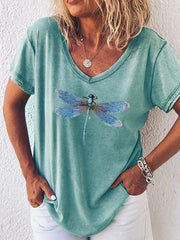 Dragonfly Printed Casual Cotton V Neck Short Sleeve Shirt & Top