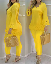 Yellow Hollow Out Scallop Trim Bell Sleeve Top & Pants Set