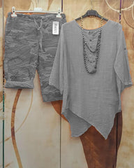 Irregular Hem Round VNeckline FivePoint Sleeve TwoPiece Suit