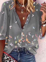 Plus Size Top Fashion Long Sleeve Lapel Shirt Butterfly Print Shirt