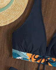 High Neck Sexy Leaf Print High Waist Halter Bikini Set