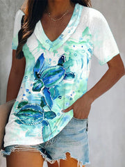 Vacation Turtle Print Double Collar Short-Sleeved T-Shirt