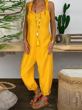 Solid Cross-back Cotton Linen Loose Jumpsuit