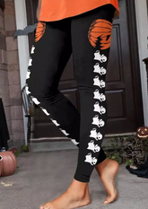 Halloween Pumpkin Face Skinny Leggings - Black