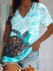 Vacation Turtle Print Double Collar Short-Sleeved T-Shirt