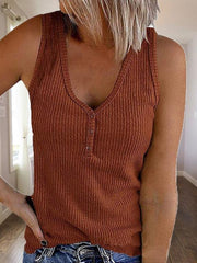 Knitted Ribs V-neck Solid Color Sleeveless Top
