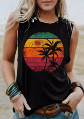 Sun Coconut Tree O-Neck Tank - Black