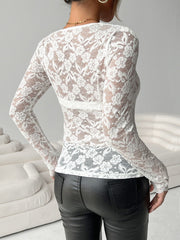 V-neck Scalloped Collar Single Layer Solid Color Lace Long Sleeve Top