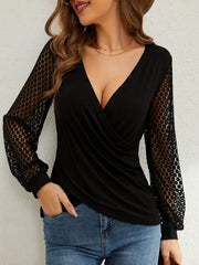 Solid Color Stitching Lace Lantern Sleeve Loose Cross T-Shirt