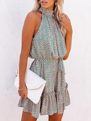 Floral Print Halter with Wooden Ears Mini Dress