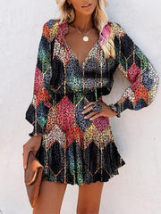 Color Leopard Print Long Sleeve Mini Dress