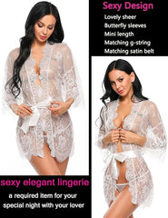 Lace Kimono Robe Babydoll Lingerie Mesh Nightgown S-5XL