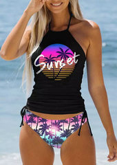 Sunset Gradient Coconut Tree Halter Tankini Set