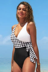 Wrap Waist Tie Patchwork One Piece Swimsuit