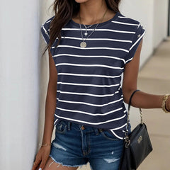 Fashionable Sleeveless Round Neck Striped T-Shirt