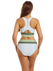 High Waist Square Neck Green Striped Bikini Set