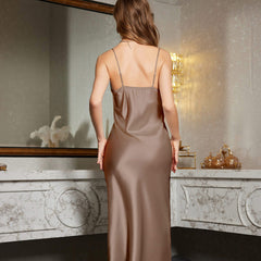 Luxury Midnight Ice Silk Sexy Backless Long Suspender Nightdress